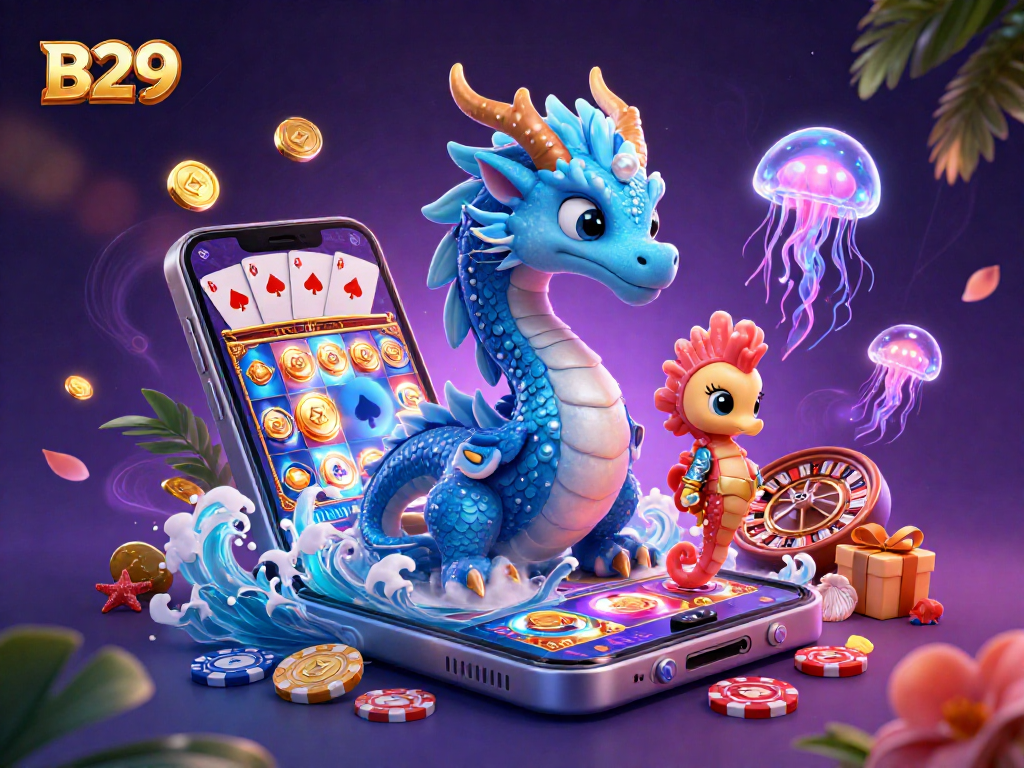 B29 offers a vibrant scene of a dragon and seahorse knight amidst glowing game symbols, capturing exciting slot action.