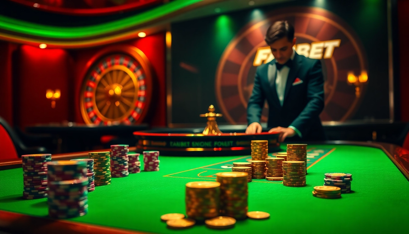 FABET casino scene with a vibrant roulette wheel and stacked poker chips for an exciting atmosphere.