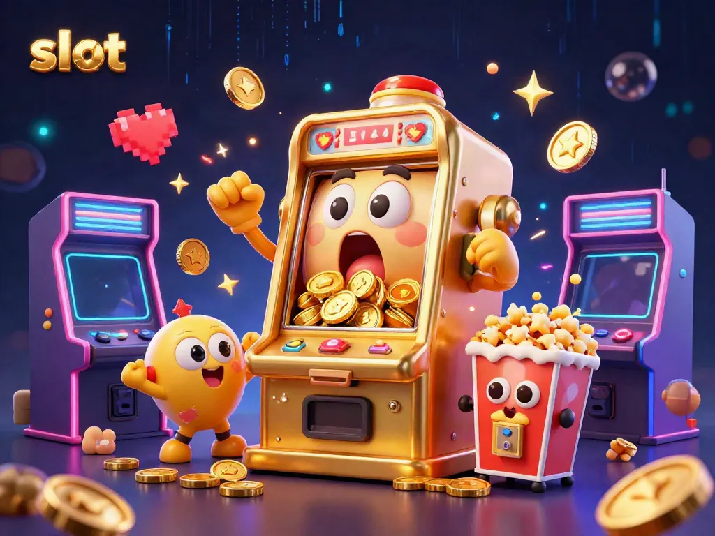 Celebrate a slot jackpot with a cheerful cartoon machine and golden coins raining down in this dynamic illustration.