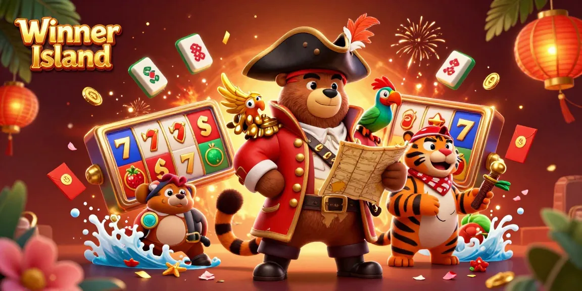 Experience big wins at Winner Island with a vibrant casino-themed illustration featuring lucky symbols and exciting game elements.