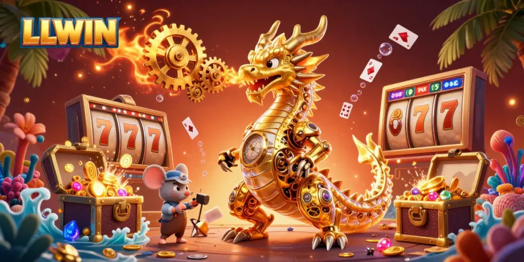 Immerse in LLWIN’s exciting gaming world with a golden dragon breathing gears amid vibrant casinos.