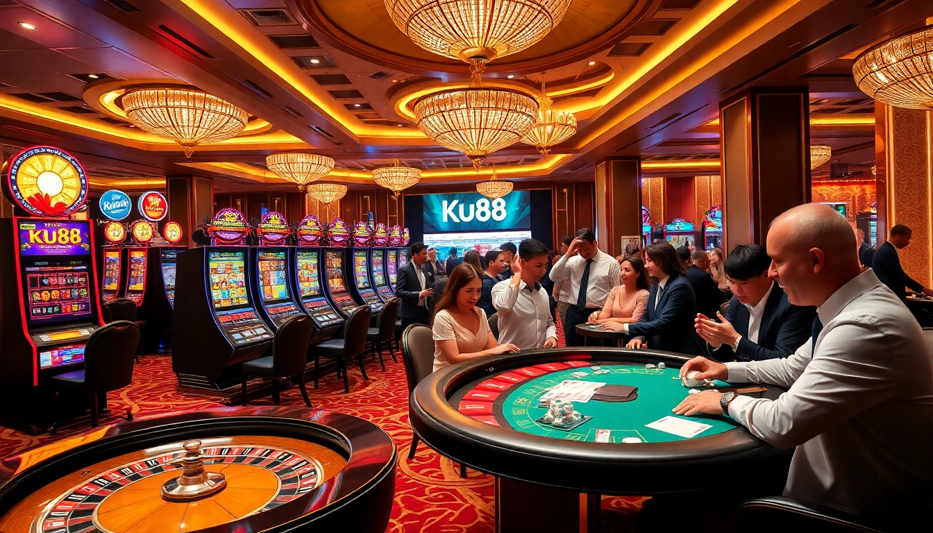 Excited players celebrating at Ku88 casino gaming tables with vibrant slots and roulette.