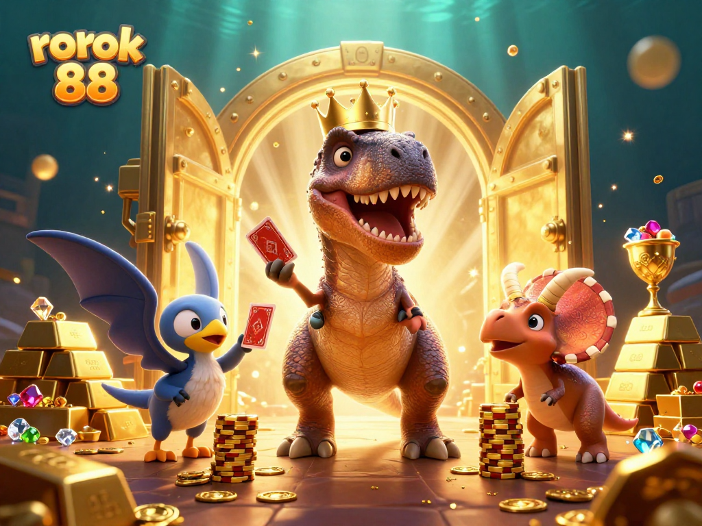 Engage with rokok 88 gameplay featuring a T-Rex, pterodactyl, and triceratops in a vibrant casino scene.