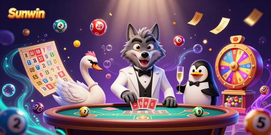 Engage with Sunwin's vibrant online gaming experience featuring a wolf, swan, and penguin in luxurious settings.