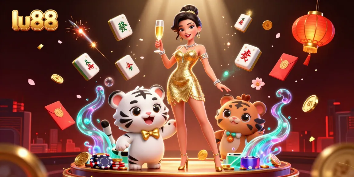 Experience the thrilling world of lu88 with a glamorous woman and a lucky tiger cub amidst dynamic casino elements.