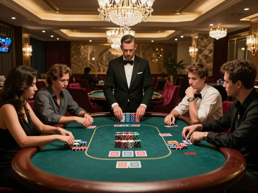 Players strategizing in an upscale casino poker room at SC88E, engaging in high-stakes entertainment.