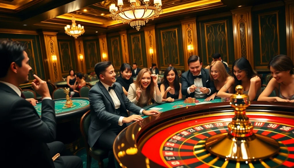 Exciting gameplay experience at FABET with players enjoying poker and roulette in a luxurious casino.