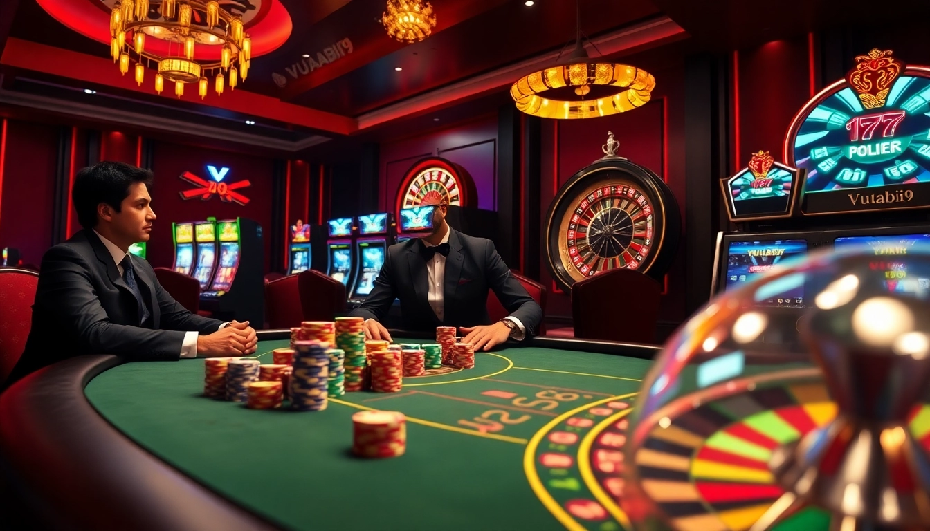 Exciting gameplay at Vuabai9 with poker chips and roulette wheel in a luxurious casino setting.