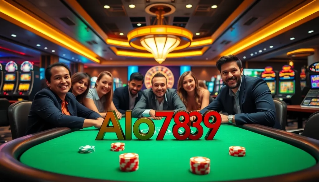 Alo789 features an exciting online gaming atmosphere with diverse players strategizing at a poker table.