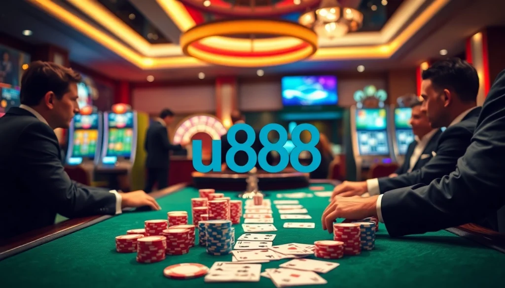 Players enjoying a thrilling game at u888 casino with vibrant slot machines and a roulette wheel.