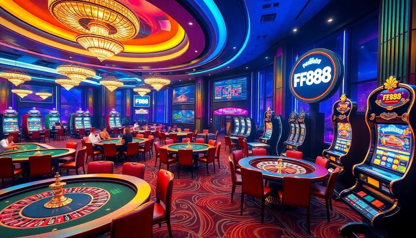 Experience the thrill of gaming at FB88 with vibrant casino tables and dynamic digital interfaces.