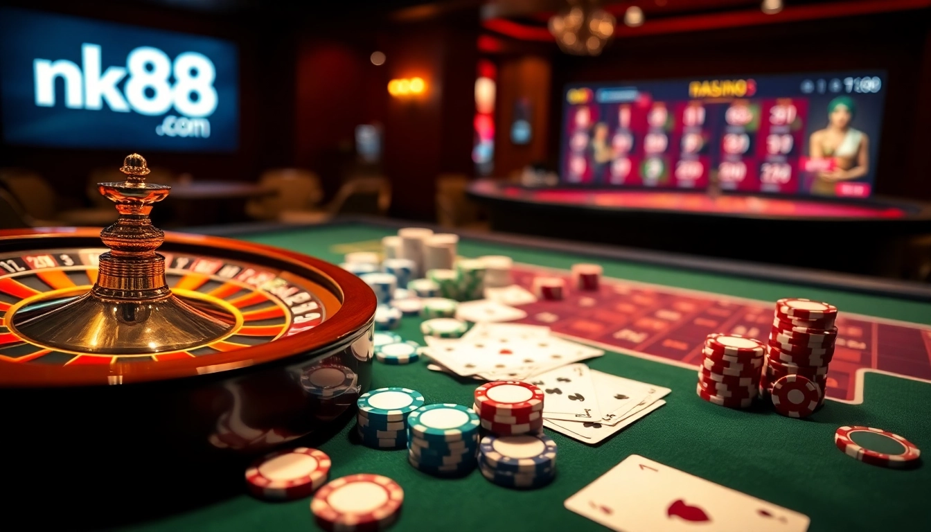 Gambling enthusiasts experience excitement at nk88.com with poker chips and roulette.