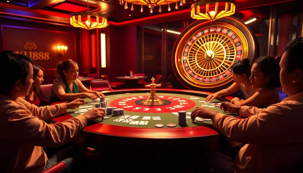 Experience the vibrant excitement of KU88 at a luxurious poker table with engaging players.