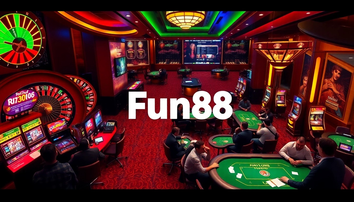 Experience the thrill of Fun88 in a vibrant casino scene with poker and roulette tables.