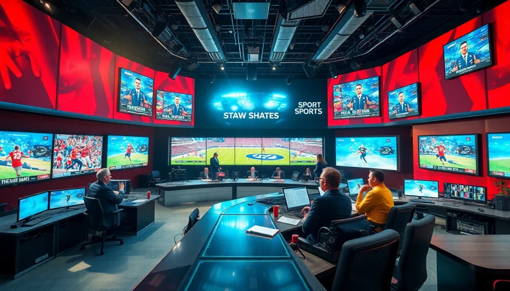 Sports Broadcasting professionals engage in a dynamic studio setting with advanced technology.