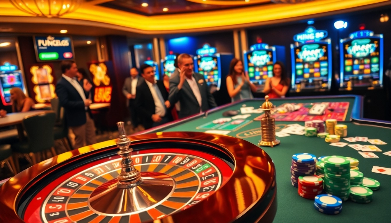Experience the thrill of king88 vina with vibrant casino tables and roulette wheels.
