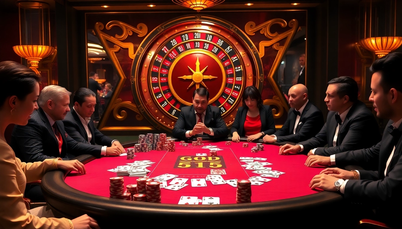 Players engaging in a high-stakes poker game, showcasing the thrill of GOD55 casino gaming.