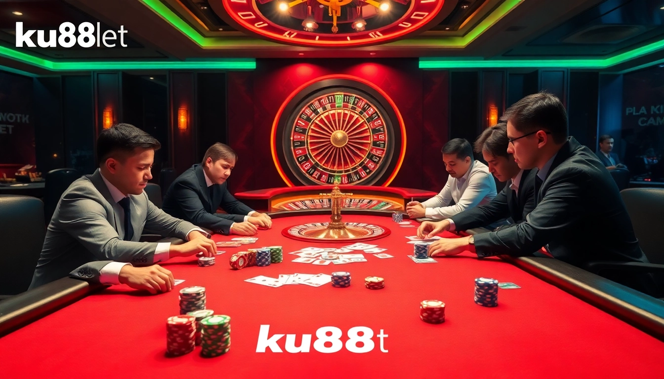 ku88bet poker players enjoying an exciting game with colorful chips and cards.