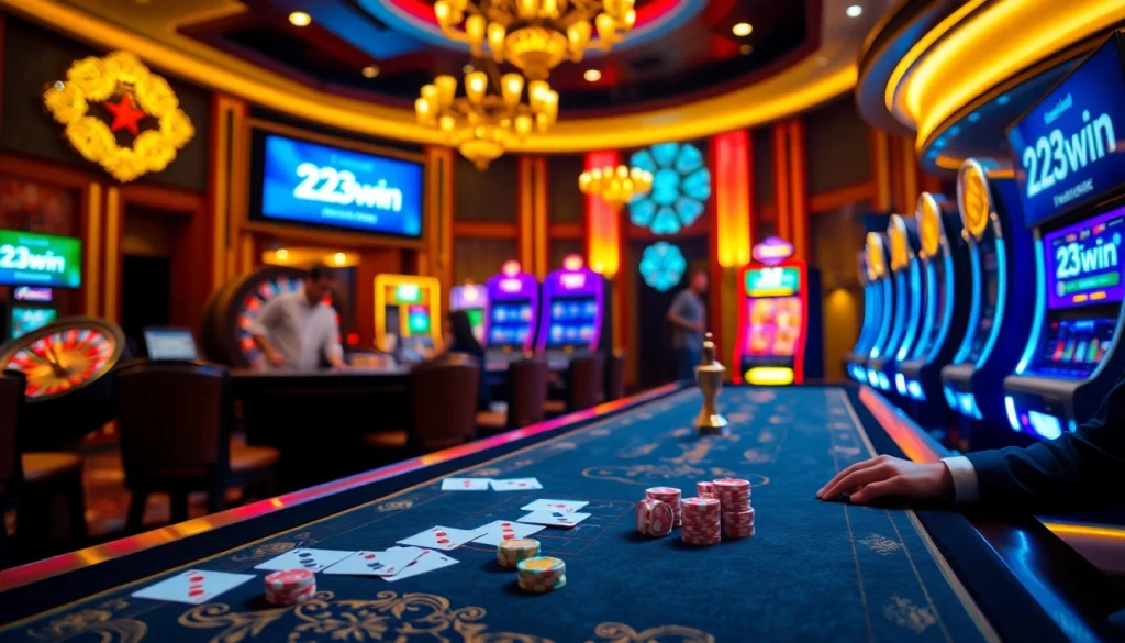 Experience high-stakes gaming at 23win with vibrant casino tables and lively roulette wheels.