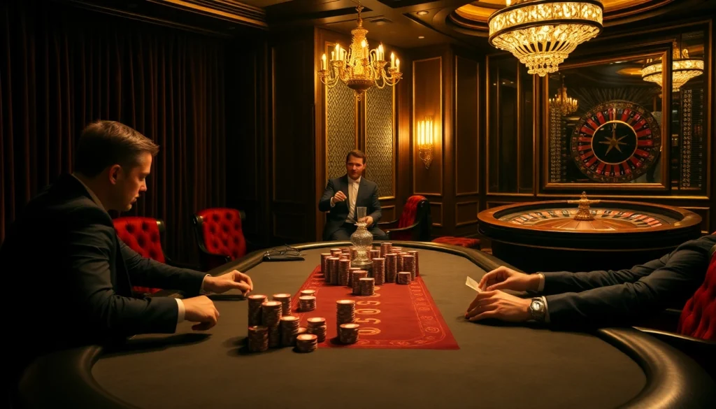 Players strategize at a high-stakes poker table with M98 betting slips visible amidst the excitement.
