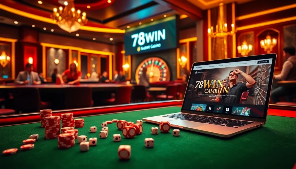 Experience the thrill of winning at 78WIN's glamorous casino with vibrant poker tables and roulette.