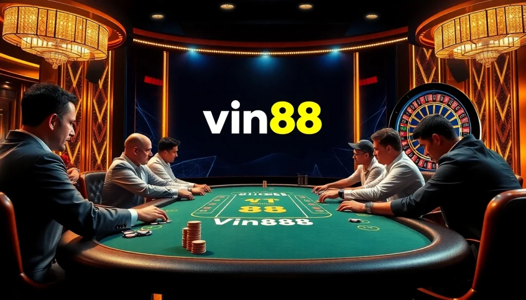 Experience thrilling gameplay with vin88 apk in a luxurious casino setting filled with poker chips and cards.