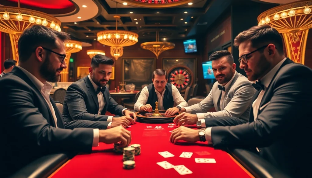 Men club engaging in high-stakes poker at a vibrant casino table, showcasing excitement and camaraderie.