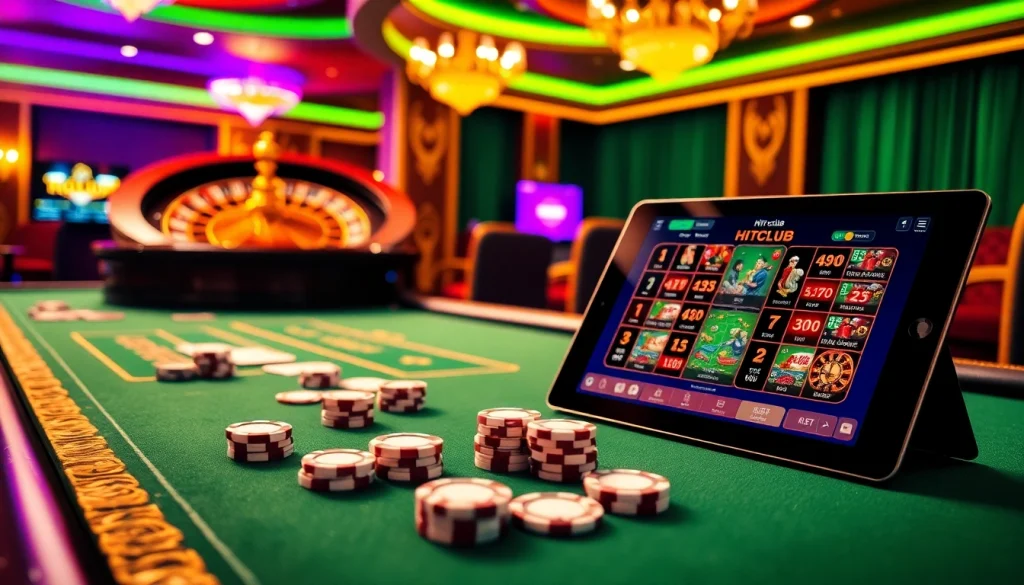 Hitclub table layout with vibrant casino elements and a roulette wheel.