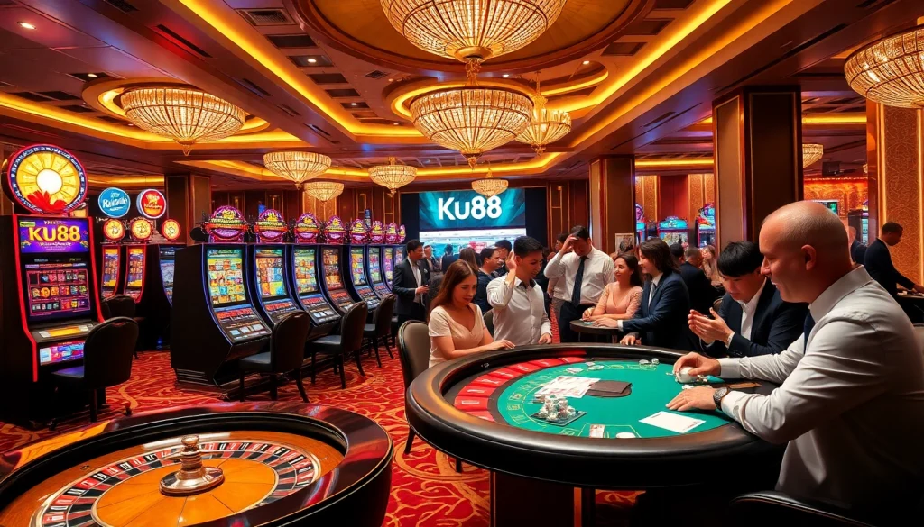 Excited players celebrating at Ku88 casino gaming tables with vibrant slots and roulette.