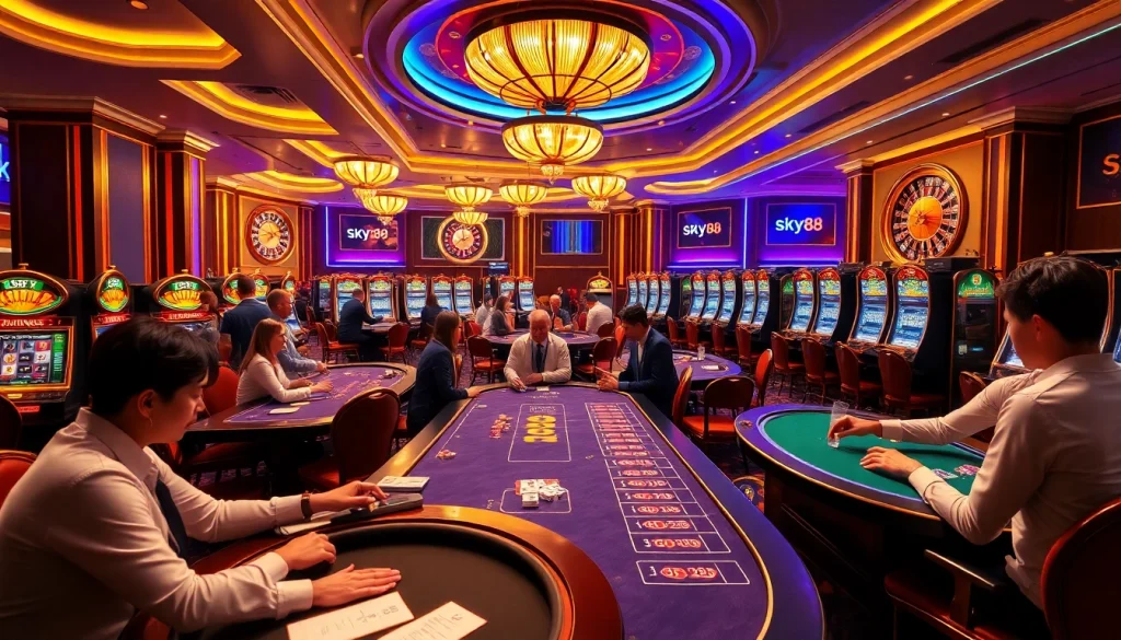 Players enjoying a thrilling game at the luxurious SKY88 casino with vibrant slot machines.
