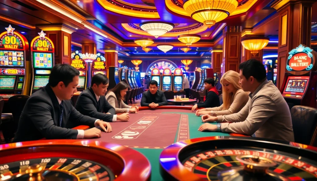 Players enjoying an engaging game bài experience at a luxurious casino table.