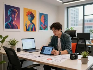 Creating engaging designs in a modern workspace featuring juicy ai tools for innovative art.