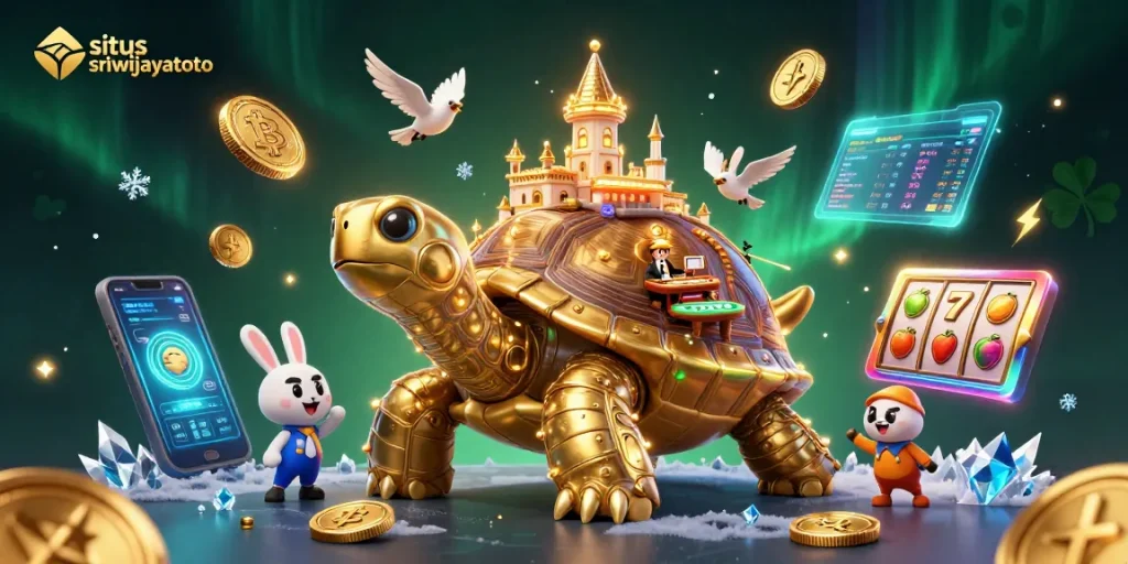 Engage with exhilarating gaming at situs sriwijayatoto, featuring a vibrant 3D casino illustration.
