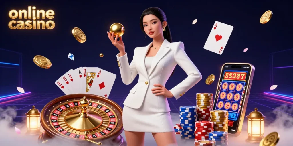 Experience the excitement of an online casino with vibrant casino elements and a confident character.