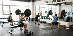 Prime Pharma Steroiden fitness enthusiasts training hard in a modern gym.