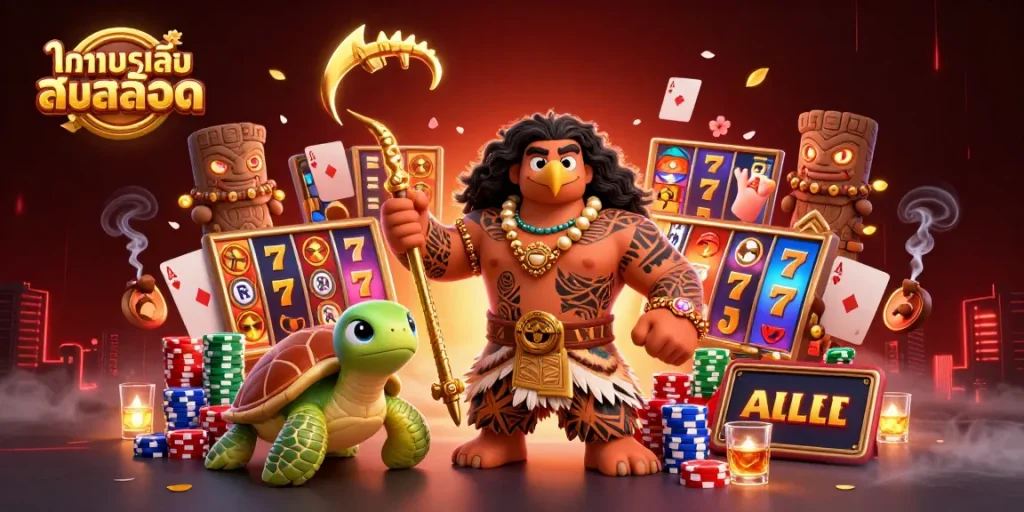 Engage with ทดลองเล่นสล็อต as the demigod hawk and turtle come alive in a vibrant casino scene.