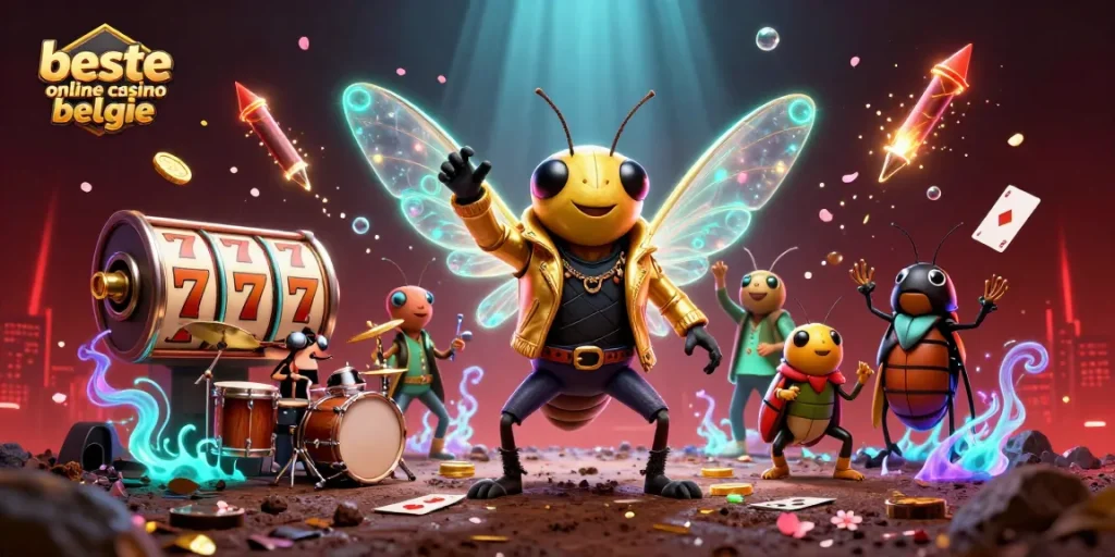 Enjoy the vibrant energy at beste online casino belgie with a cicada rock star, slot reels, and festive fireworks.