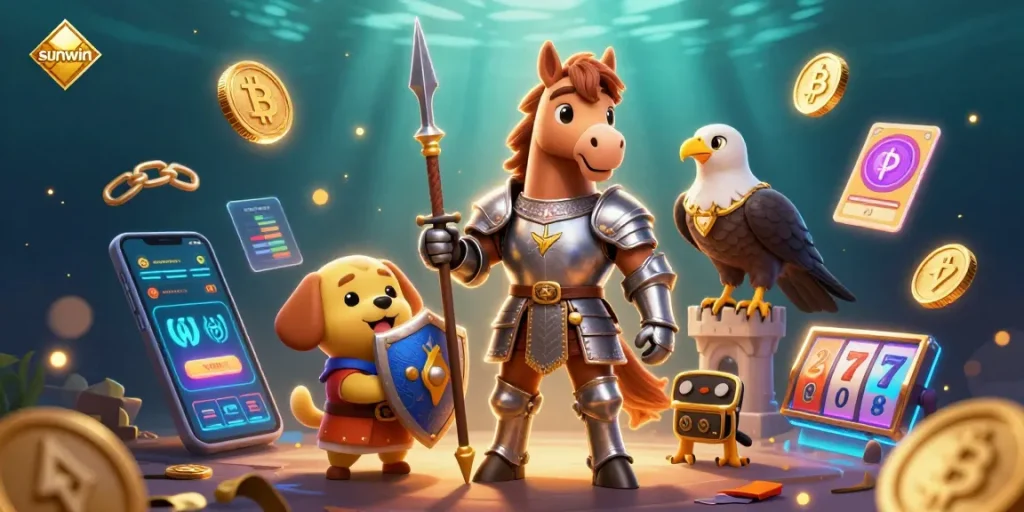 Experience sunwin's vibrant gaming with a knight and squire in a digital casino scene.