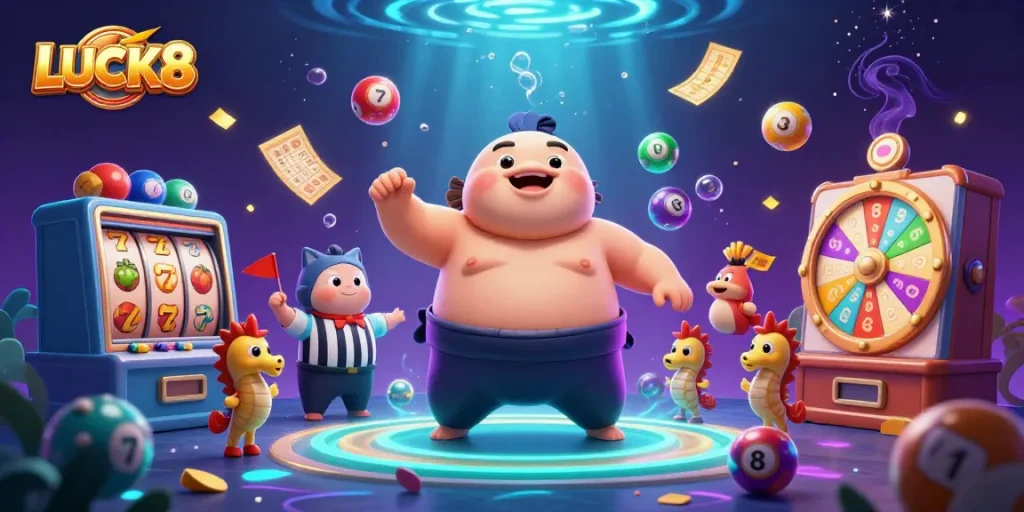 LUCK8 engages players with a colorful festival of vibrant casino games and excitement in this dynamic 3D illustration.