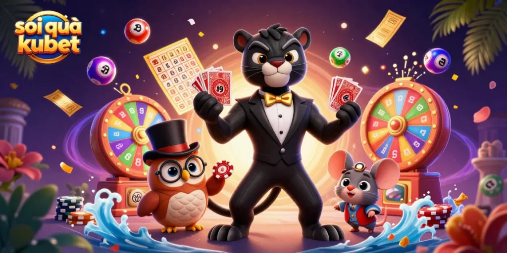 Join the fun with soi cầu kubet's vibrant lottery numbers and characters in a dynamic casino scene!