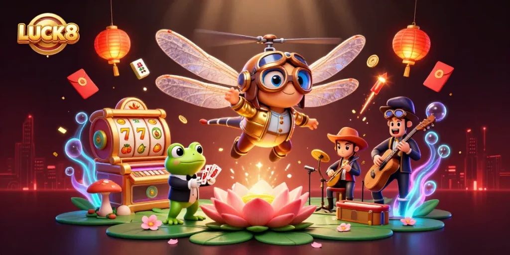 Experience thrilling games at LUCK8, with a vibrant casino scene featuring a dragonfly pilot, frog croupier, and lively jazz musicians.