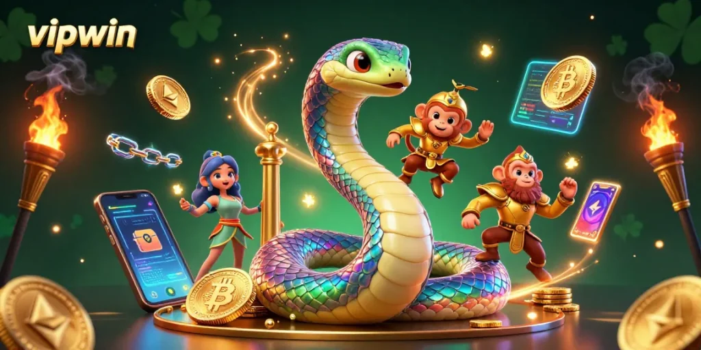 Engage with vipwin's exciting online casino world featuring a playful monkey king and rainbow serpent.