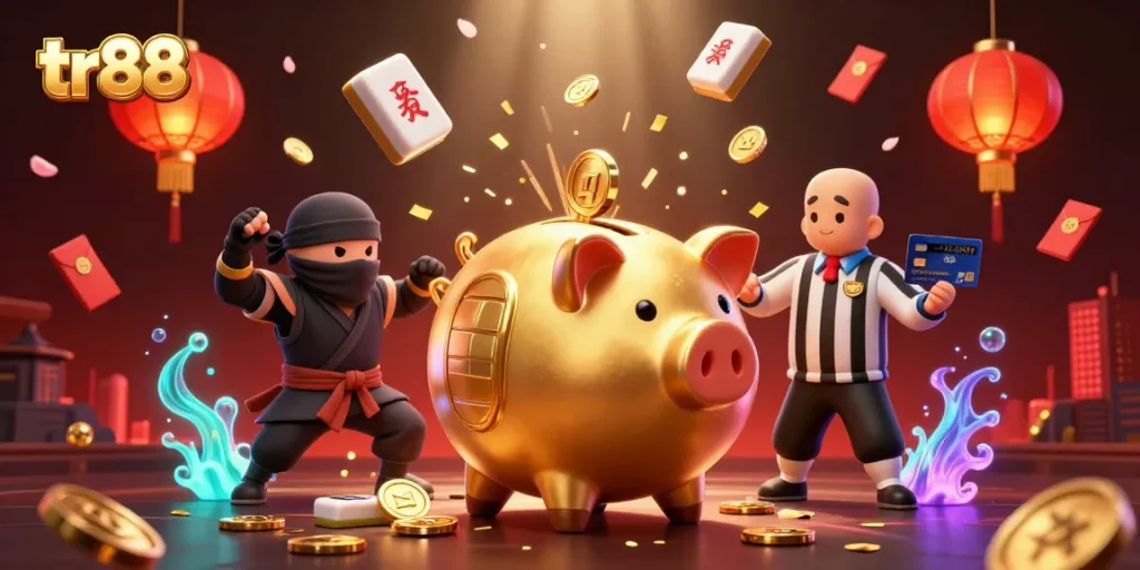Engaging tr88 casino illustration featuring dynamic action with a sumo wrestler, wallet-ninja, and samurai in a vibrant scene.