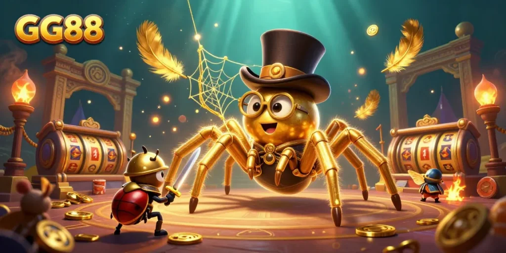 Experience GG88's thrilling casino scene with a golden tarantula, knight, and slot reels.