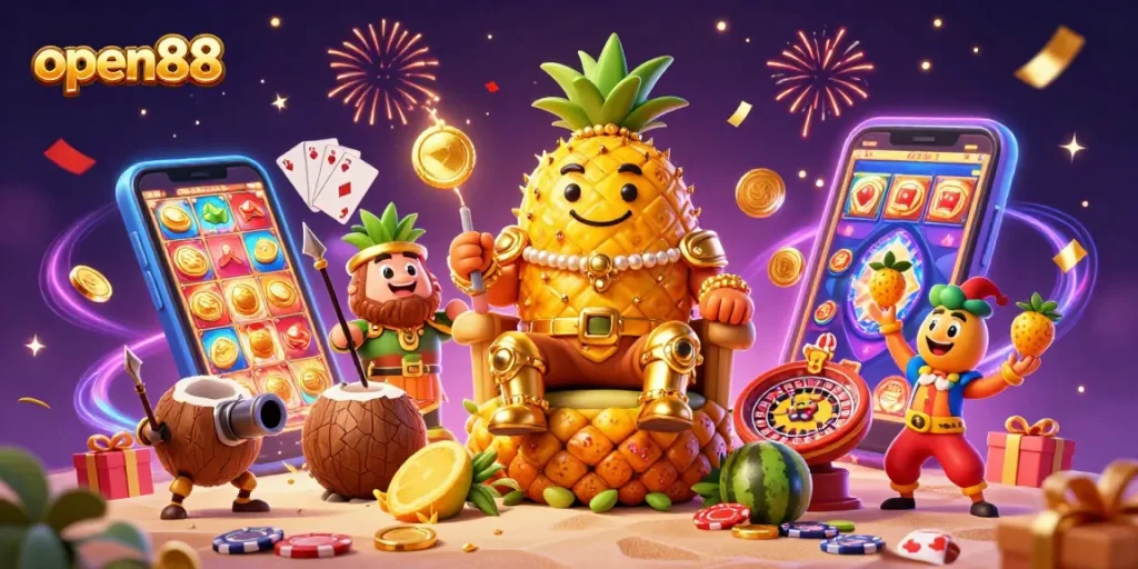 Spin vibrant slot reels and win at open88 with lively casino elements in a festive scene.