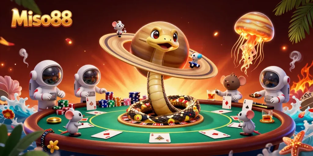 Engage with Miso88 in a vibrant 3D casino scene filled with gambling excitement and cosmic elements.