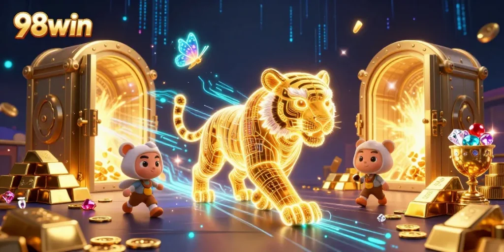 Experience thrilling gameplay with 98win's stunning digital casino featuring vibrant characters and dazzling treasures.