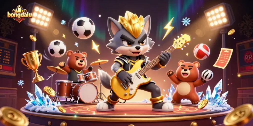 Bongdalu offers thrilling sports betting experiences while featuring a vibrant 3D rock star wolf and drummer bear.