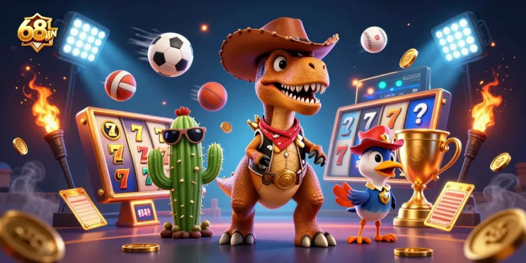 Engage with 68WIN's exciting casino adventure featuring vibrant characters and dynamic game elements.