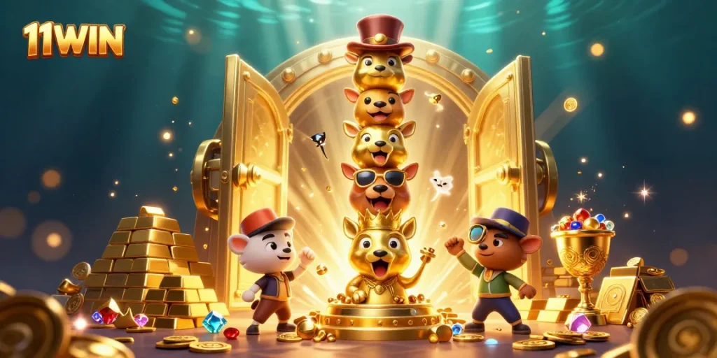 Experience thrilling gameplay with vibrant 11WIN characters and sparkling casino treasures.